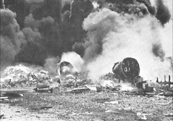 B-29s burning at Isley Field on November 27, 1944